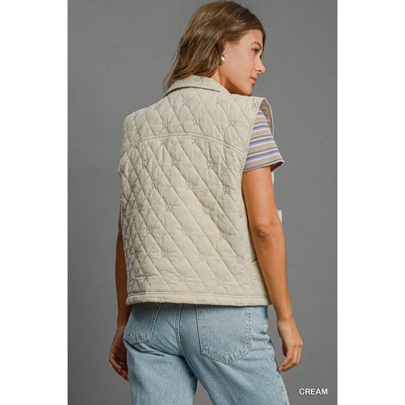 Umgee Diamond Pattern Bow Details Sleeveless Zipper Quilted Vest Jacket | Cream - Picture 2 of 6